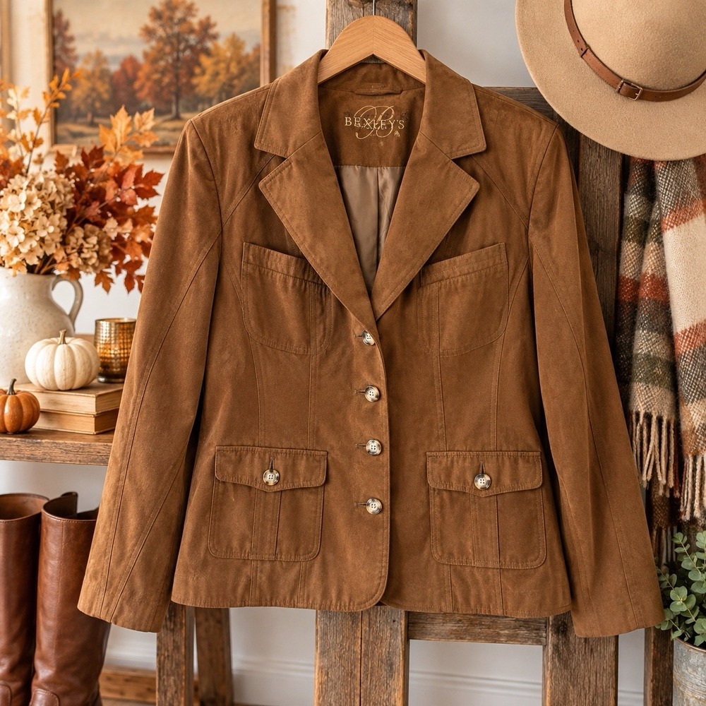 Bexley's Woman Brown Faux Suede Blazer Jacket Size 44 Soft Western Style